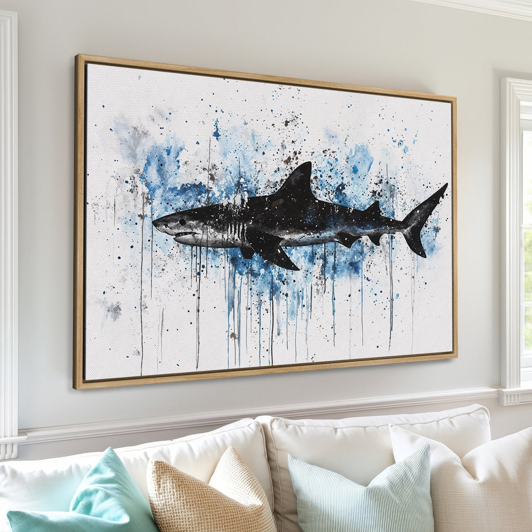 Framed Wall Art: Watercolor shark print in blue and black. Modern coastal decor. Canvas Print adds a stylish touch to any room.
