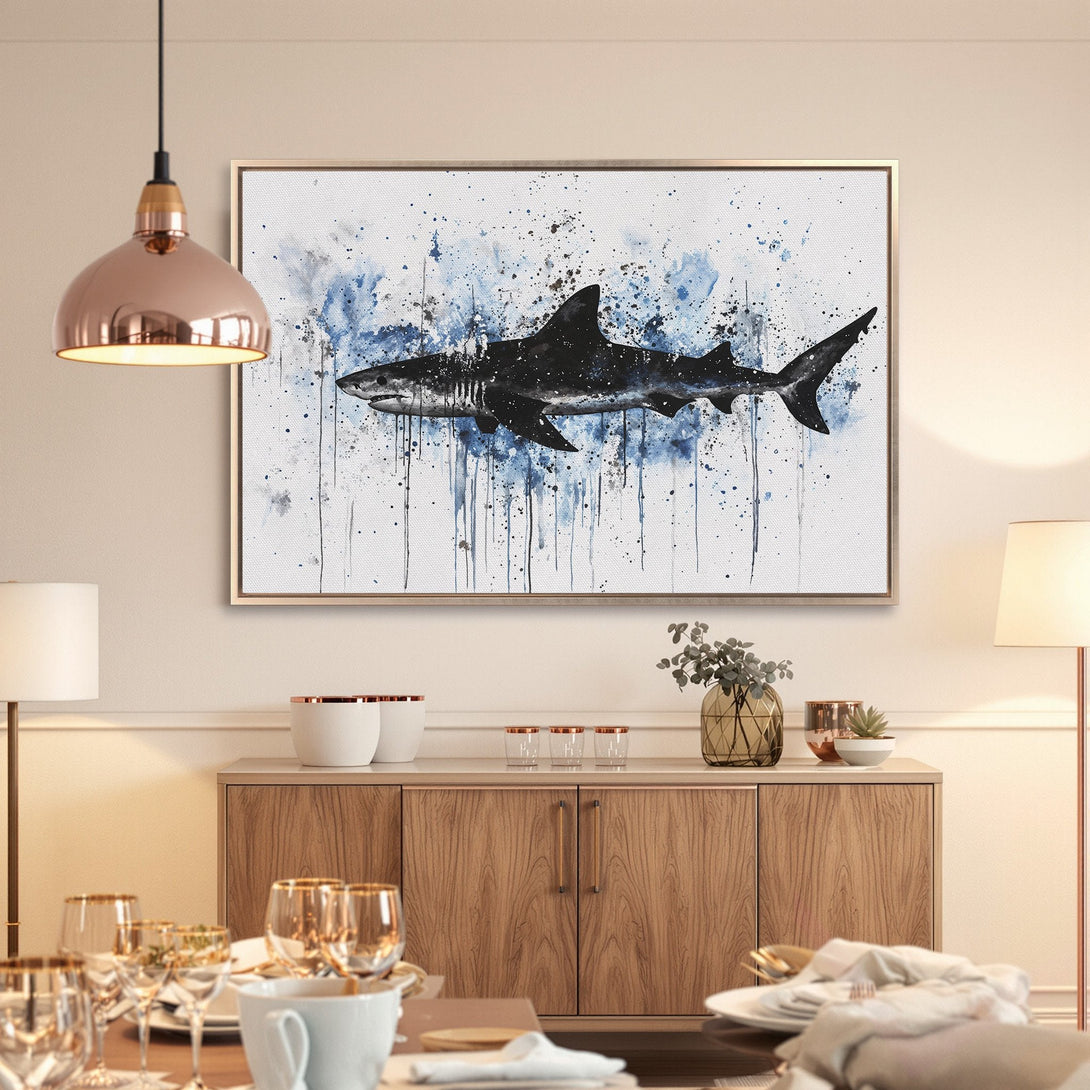 Framed Wall Art: Watercolor shark print in blue and black. Modern canvas art for coastal decor. Add a splash of the ocean to your home!