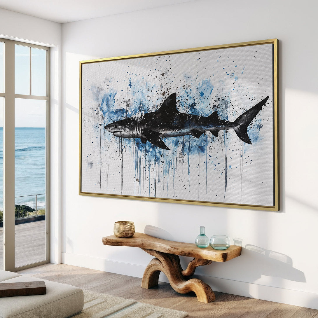 Canvas Print featuring a striking watercolor shark design in black and blue hues. Modern coastal art for your home.