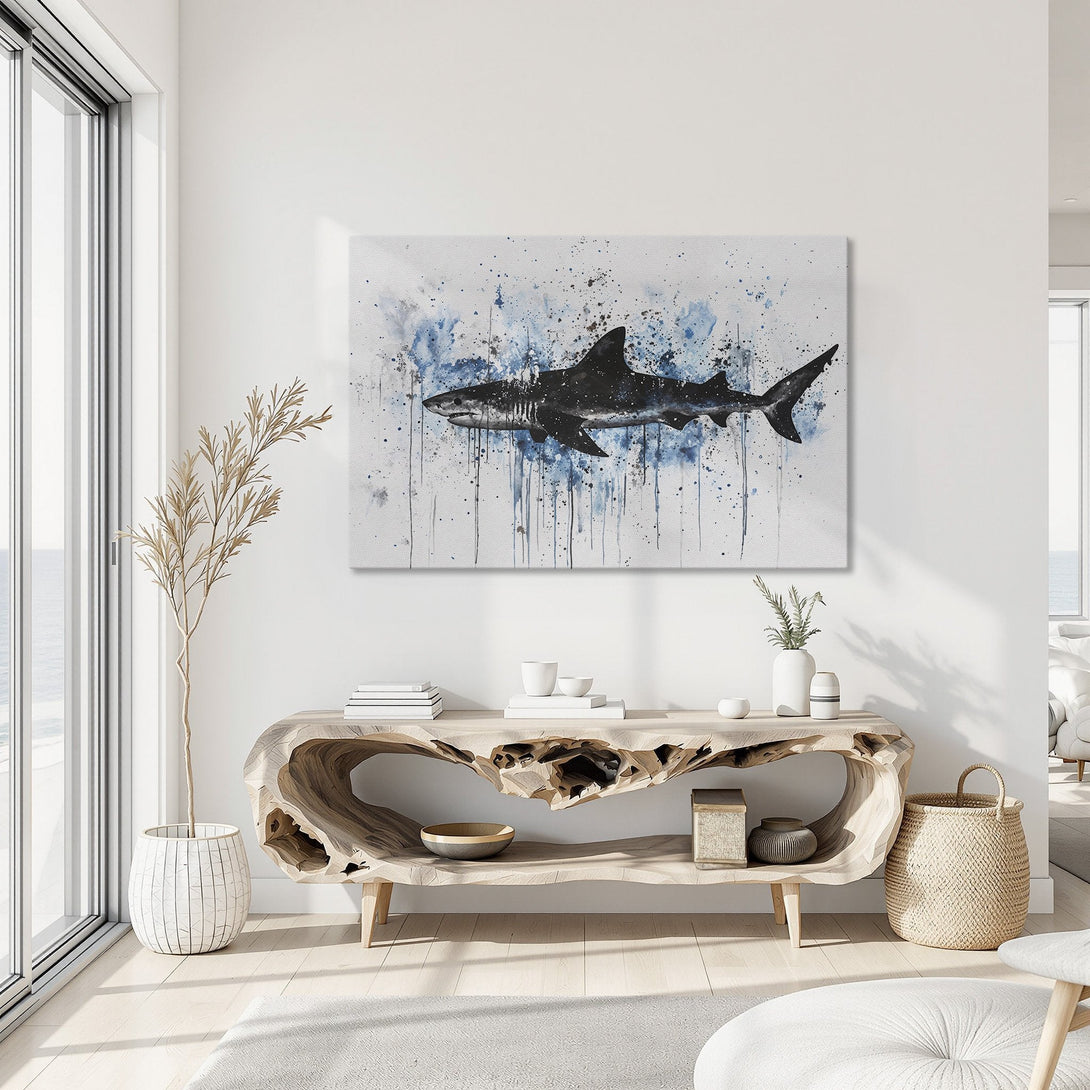 Framed Wall Art: Abstract shark canvas print in black and blue, modern coastal decor. Enhance your space with this stunning artwork!