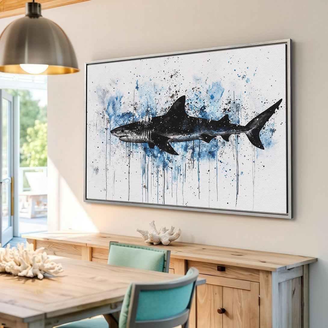 Framed Wall Art: Dramatic watercolor shark print in black and blue hues. Coastal decor, perfect for adding a touch of ocean-inspired art to your home.