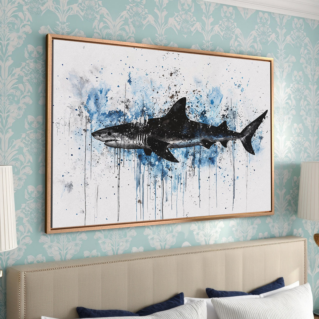 Framed Wall Art featuring a watercolor shark in blue and black. Modern coastal decor for your bedroom. Canvas Print ready to hang.