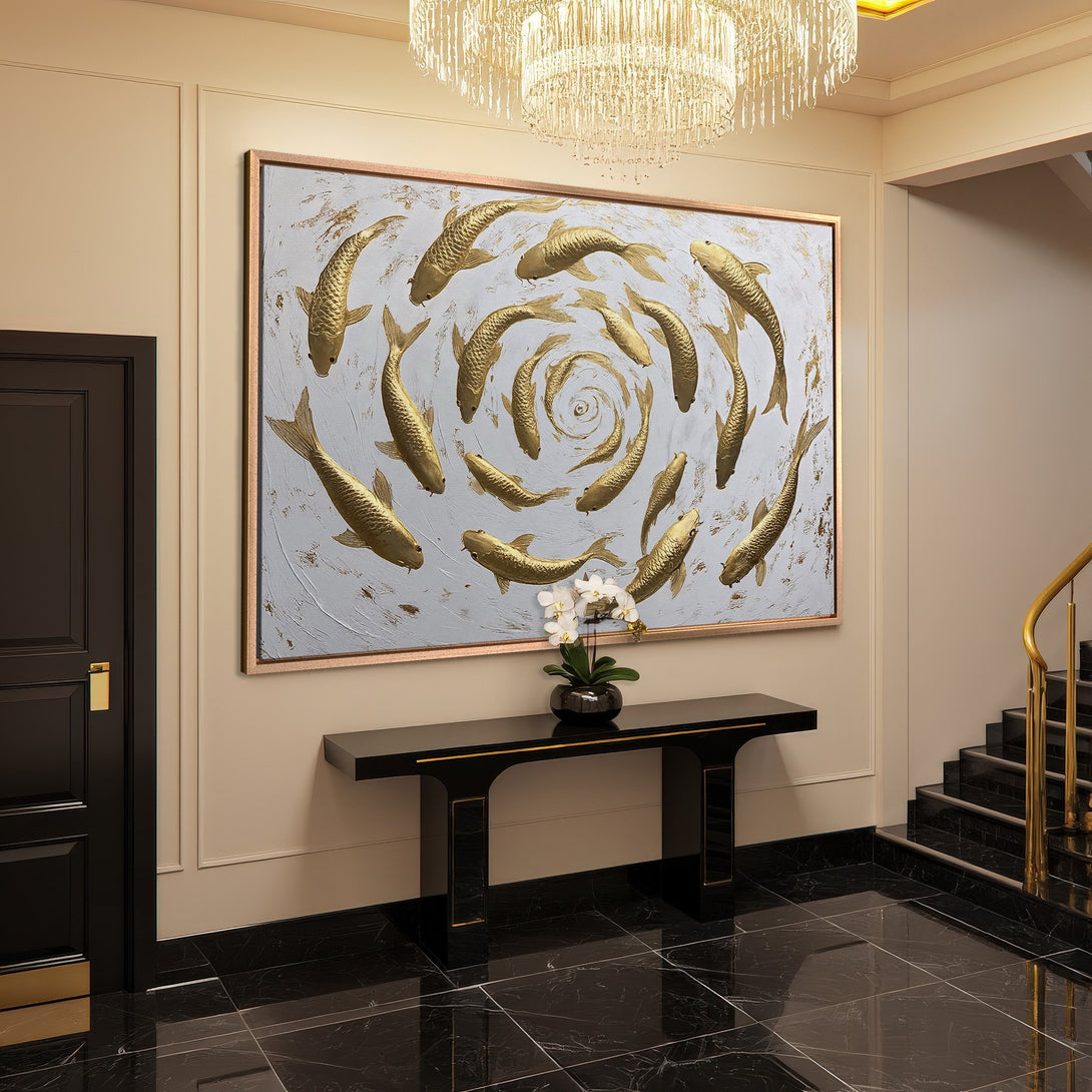 Framed Wall Art featuring gold koi fish on a light blue background. Enhance your space with this elegant, modern piece.