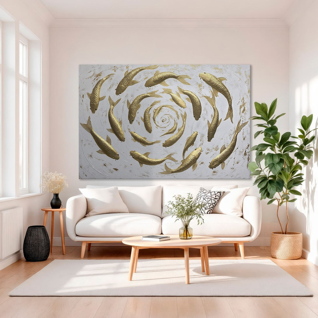 Framed Wall Art: Gold koi fish canvas print in a luxury interior. Elegant, abstract art with a gold and white color palette. Elevate your home decor!