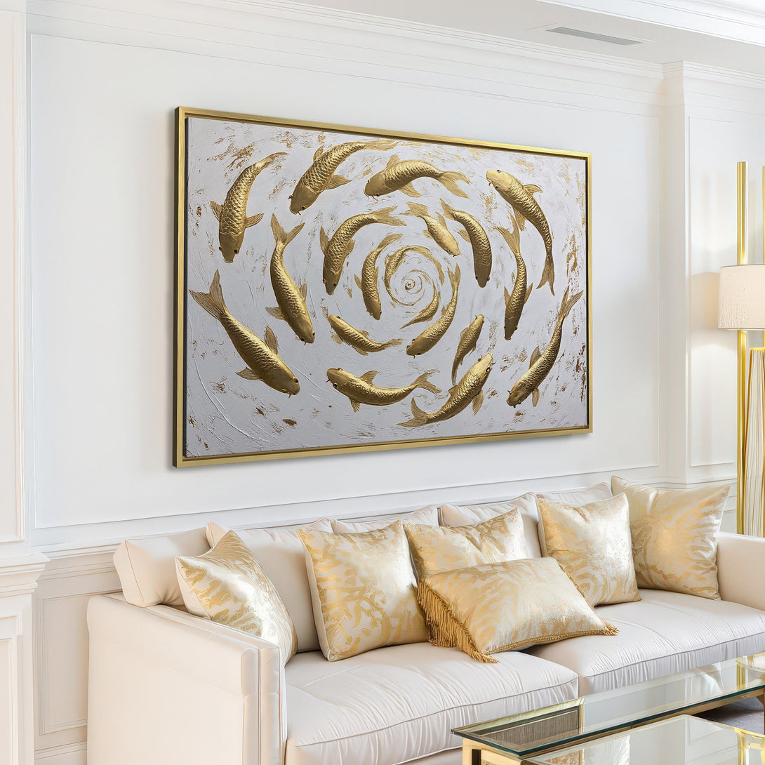 Canvas Print of golden koi fish art in a modern living room. Neutral color palette, elegant wall decor.