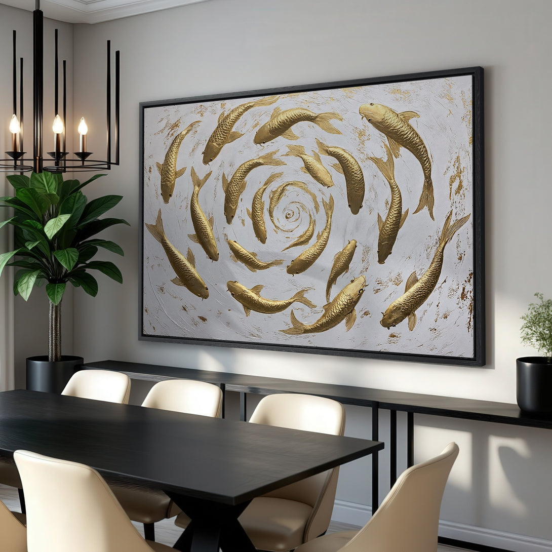 Framed Wall Art: Gold koi fish canvas print in a modern dining room. Neutral color palette with gold accents. Enhance your home decor!
