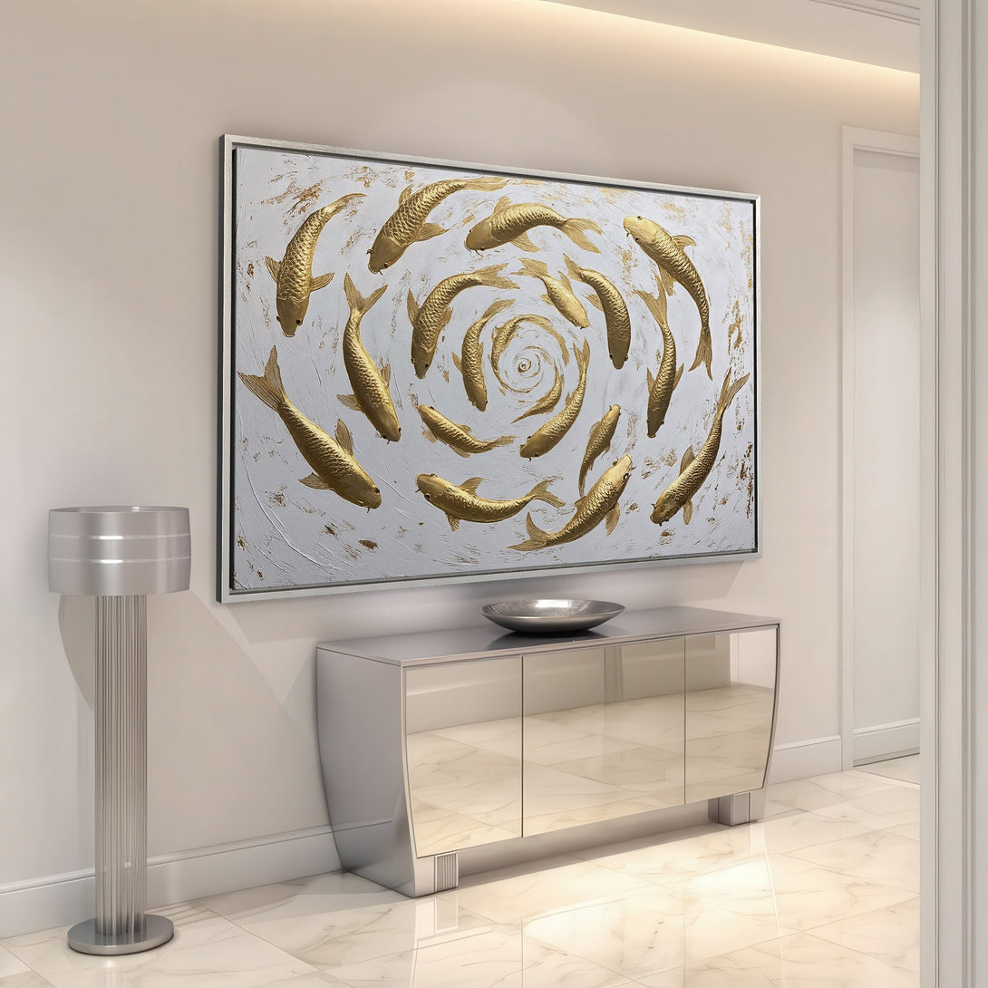 Framed Wall Art: Gold koi fish painting in a modern style. Elegant decor with a neutral and gold color palette, perfect for any interior.
