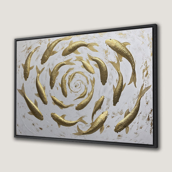 Framed Wall Art: Gold koi fish swimming in a spiral on a white textured background. Modern art with a luxurious gold and neutral color palette.