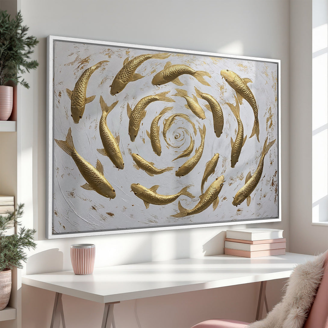 Framed Wall Art: Gold koi fish canvas print in a modern interior. Elegant, textured art with a white, gold, and neutral color palette. Enhance your space!