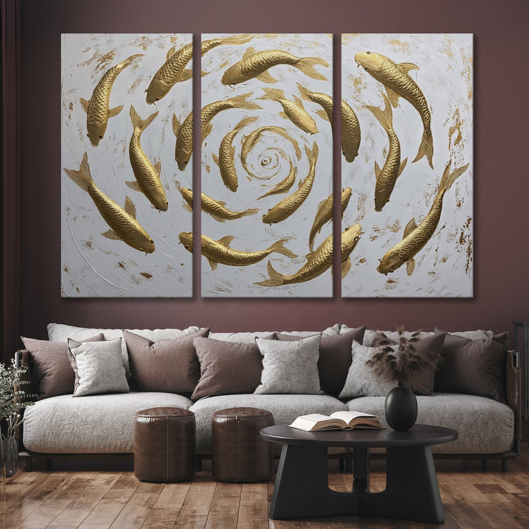 Gold koi fish Canvas Print art in a modern style, white and gold color palette, perfect for living room decor.