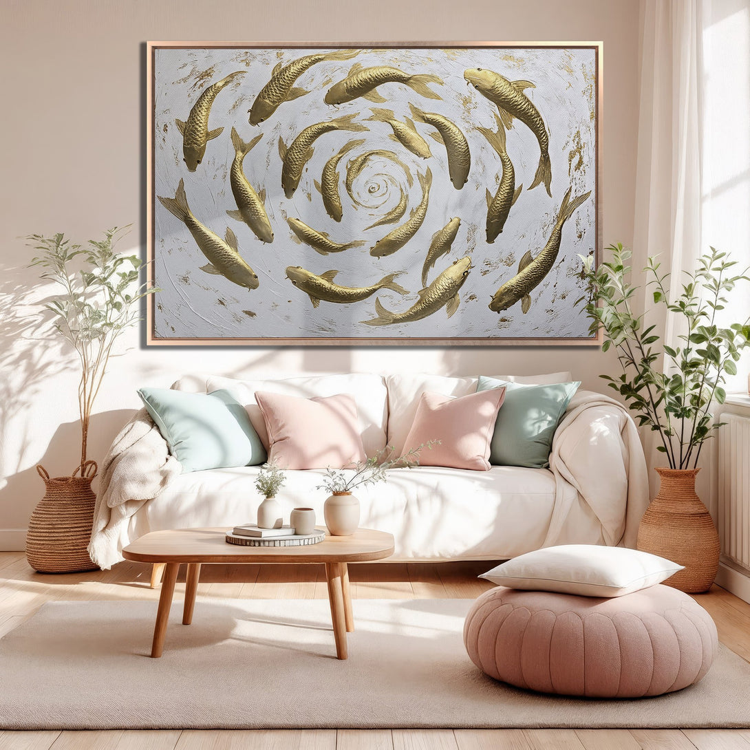 Framed Wall Art: Gold koi fish painting on white canvas. Modern, elegant decor with neutral and gold color palette. Perfect for living room.