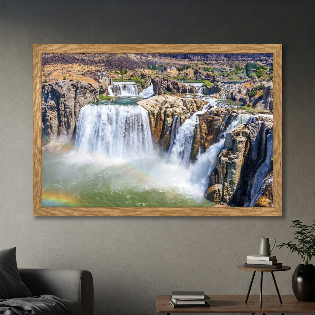 Framed Poster of a majestic waterfall with a rainbow. Nature-inspired art in a warm, earthy color palette. Perfect for home decor.