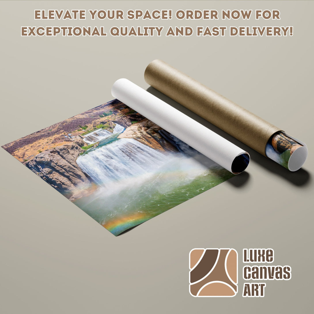 Poster Roll featuring a waterfall landscape, natural tones, and vibrant rainbow. Elevate your space with Luxe Canvas Art!