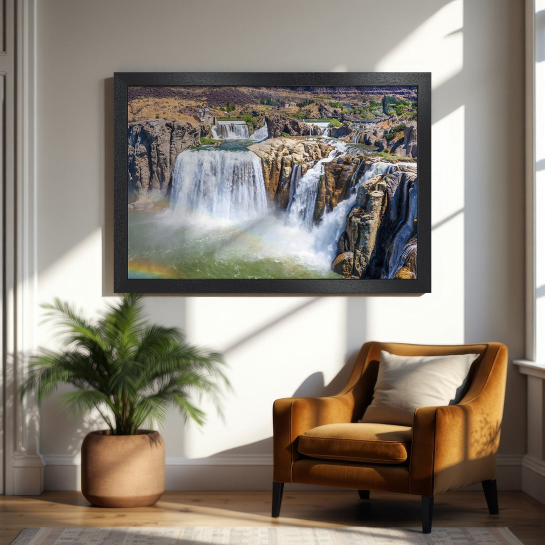 Framed Poster featuring a stunning waterfall landscape in vibrant natural colors. Perfect wall art for any space!