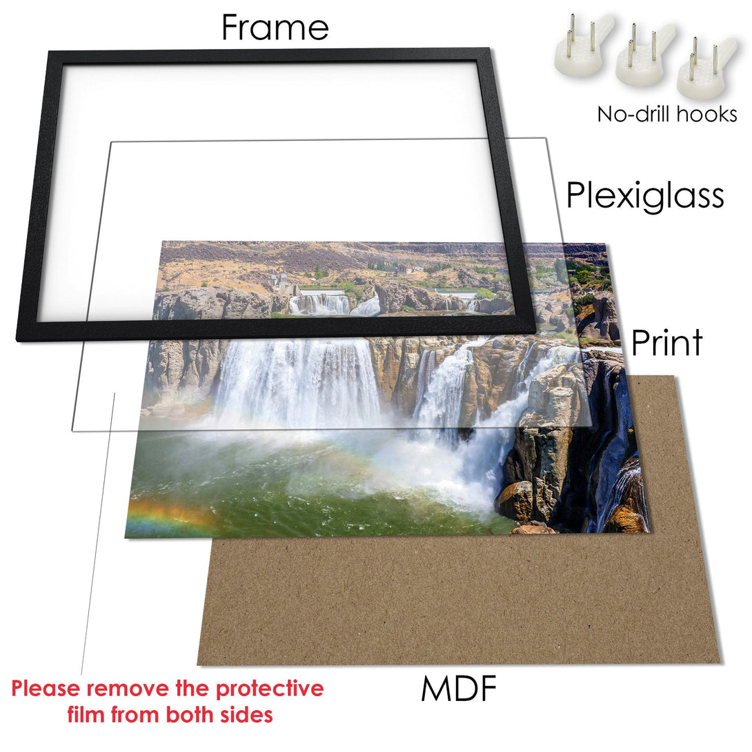 Framed Poster of a waterfall with a rainbow, featuring a vibrant color palette. Perfect wall art for your home!