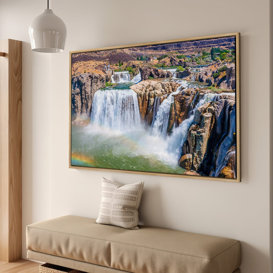 Framed Wall Art: Stunning waterfall canvas print with vibrant blues, greens, and browns. Bring nature's beauty into your home with this captivating landscape art.
