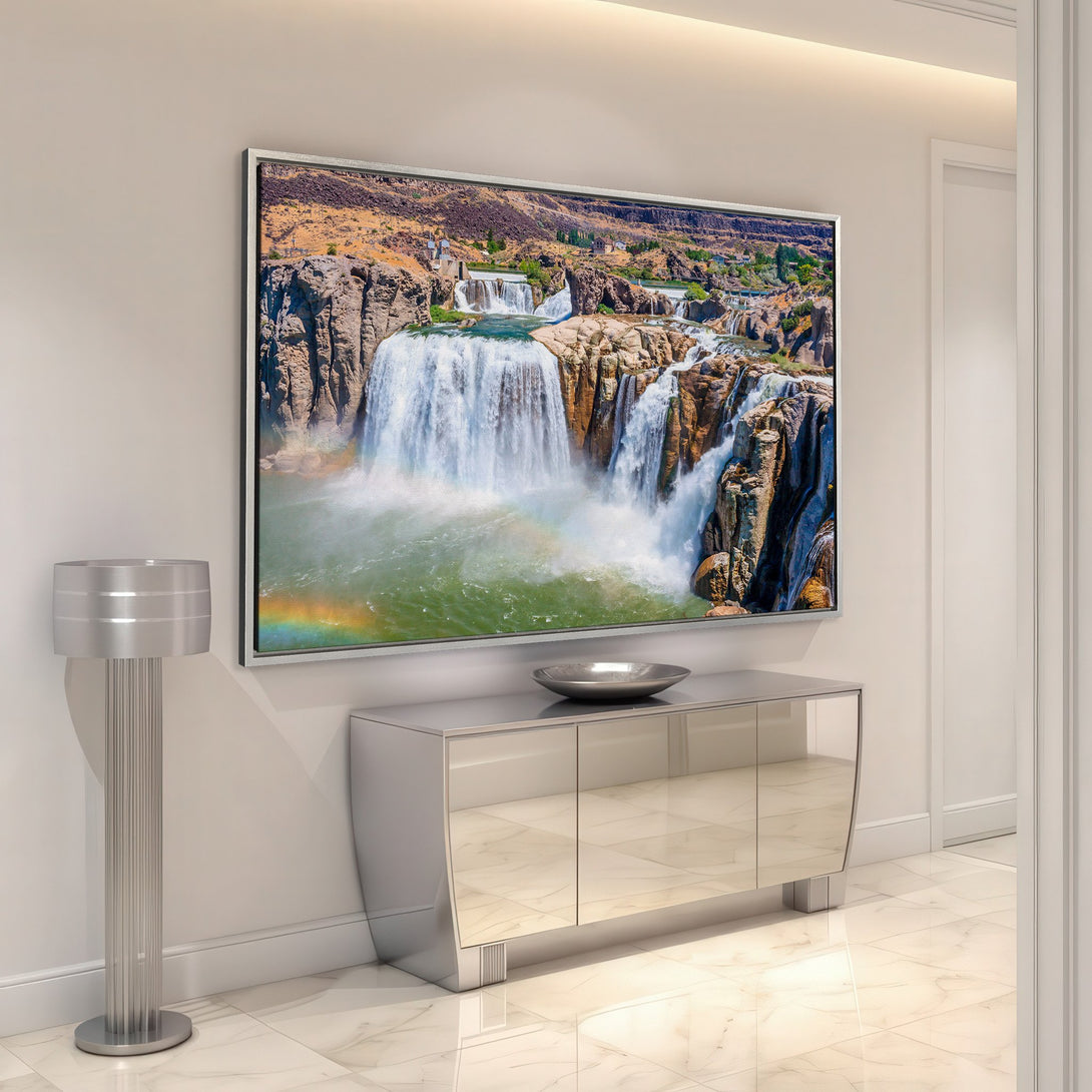 Framed Wall Art featuring a stunning waterfall landscape in warm earth tones and vibrant blues. Elevate your home decor with this captivating Canvas Print!