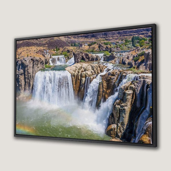 Framed Wall Art: Stunning waterfall canvas print. Captures the beauty of nature with vibrant blues, greens, and browns. Perfect for adding a touch of serenity.