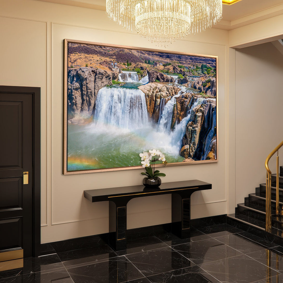 Framed Wall Art: Stunning waterfall landscape canvas print in a modern entryway. Earthy tones with a pop of color. Elevate your home decor!