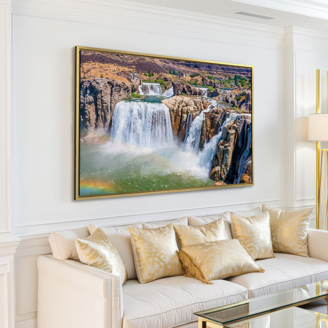 Canvas Print of a majestic waterfall scene, featuring vibrant blues, greens, and browns. Perfect wall art for a modern living room.