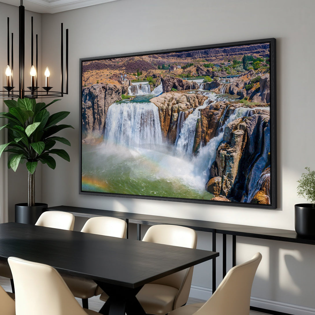 Framed Wall Art showcasing a stunning waterfall scene with a vibrant rainbow. Earthy tones of brown, green, and blue create a serene atmosphere. Perfect for home decor.