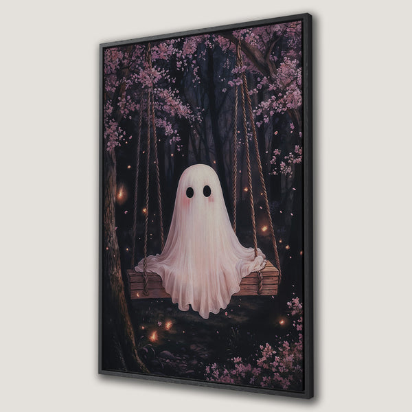 Framed Wall Art: Adorable ghost on a swing in a whimsical forest scene. Pastel pink and dark tones create a dreamy, artistic Canvas Print perfect for any space.