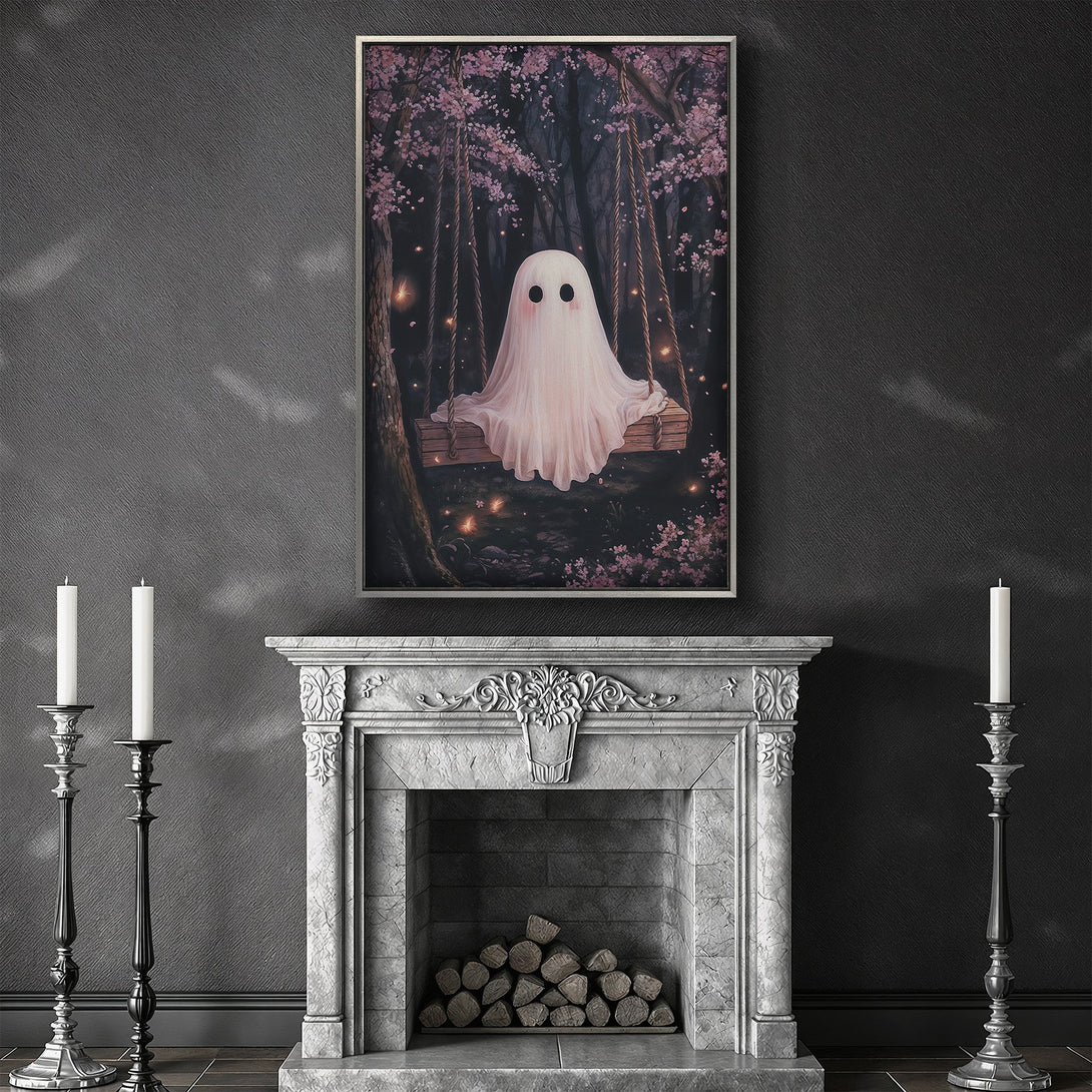 Framed Wall Art featuring a cute ghost on a swing in a whimsical forest. Soft pink and dark green color palette, perfect for adding a touch of magic.