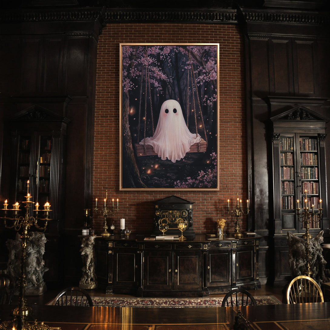 Framed Wall Art: Whimsical ghost on a swing in a dark, moody interior. Features a dreamy, fairytale-like style with a dark, purple and pink color palette.