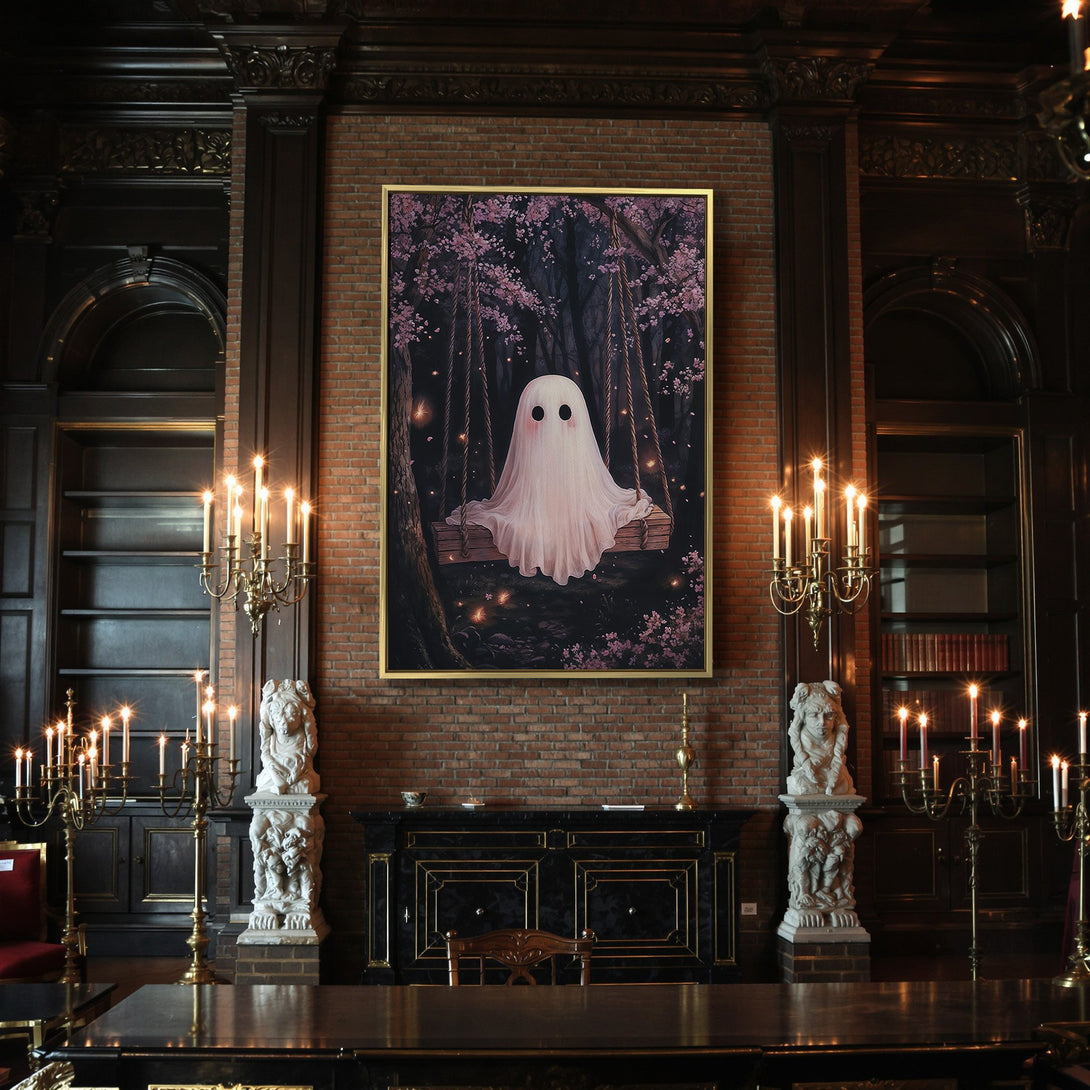 Canvas Print featuring a cute ghost on a swing in a whimsical forest. Dark, moody color palette with pink blossoms. Perfect Halloween decor.