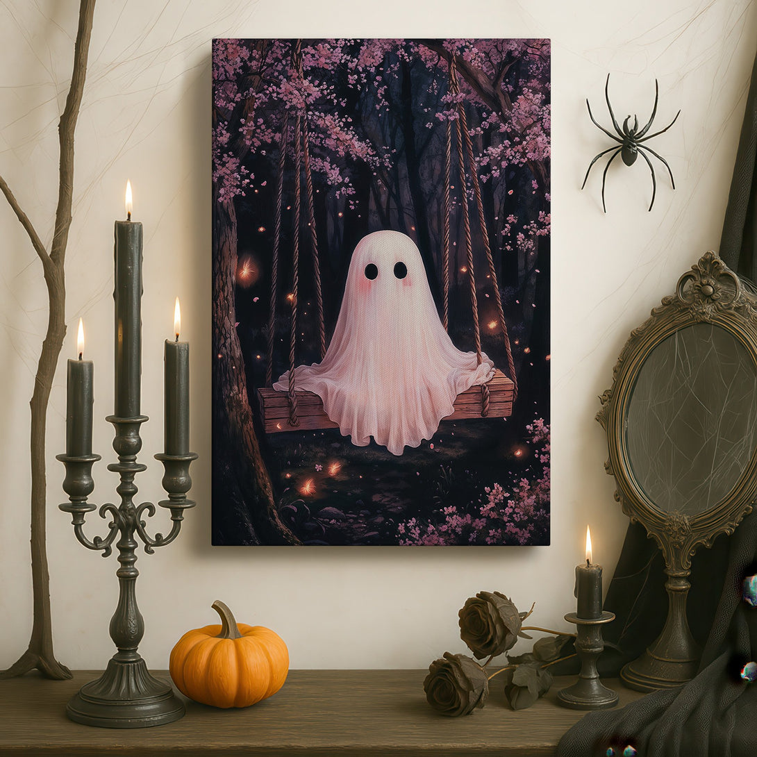 Framed Wall Art featuring a whimsical ghost on a swing in a dreamy forest scene. Soft pink and dark tones create a magical, inviting aesthetic.