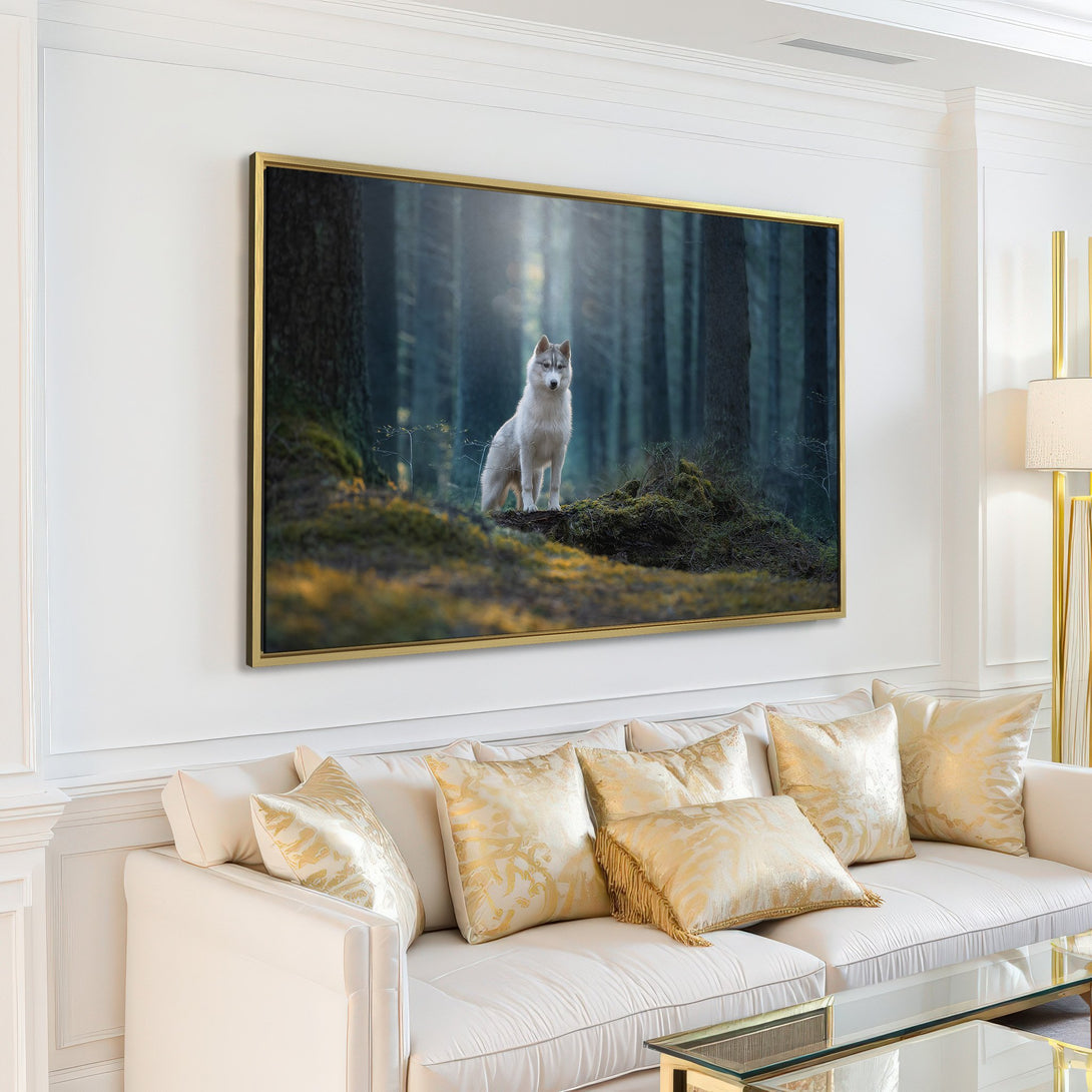 Canvas Print featuring a majestic wolf in a forest scene. Earthy tones and moody blues create a serene, natural aesthetic for your home decor.