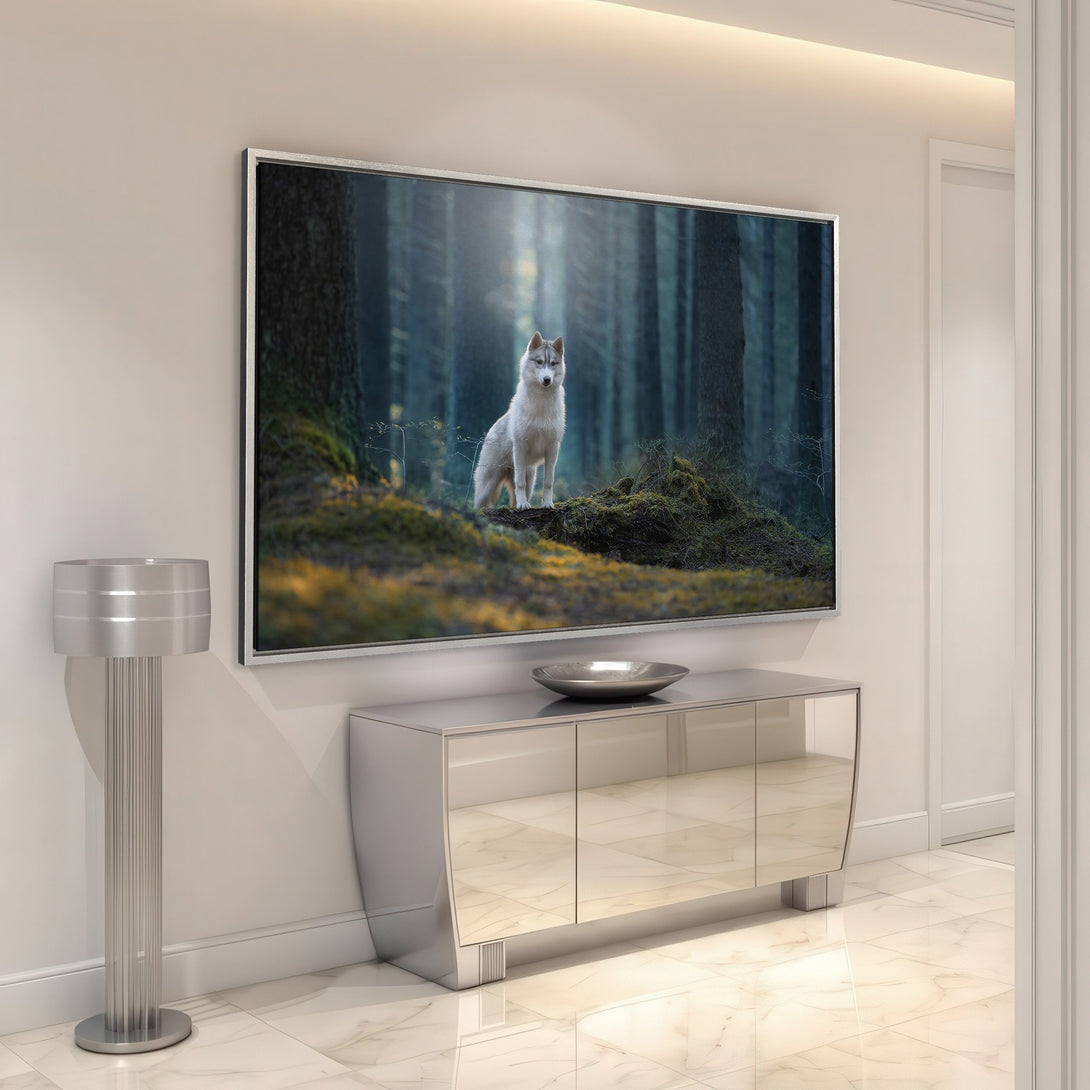Framed Wall Art featuring a majestic wolf in a forest. Nature-inspired art with a serene, cool color palette. Perfect for adding a touch of wilderness to your home.