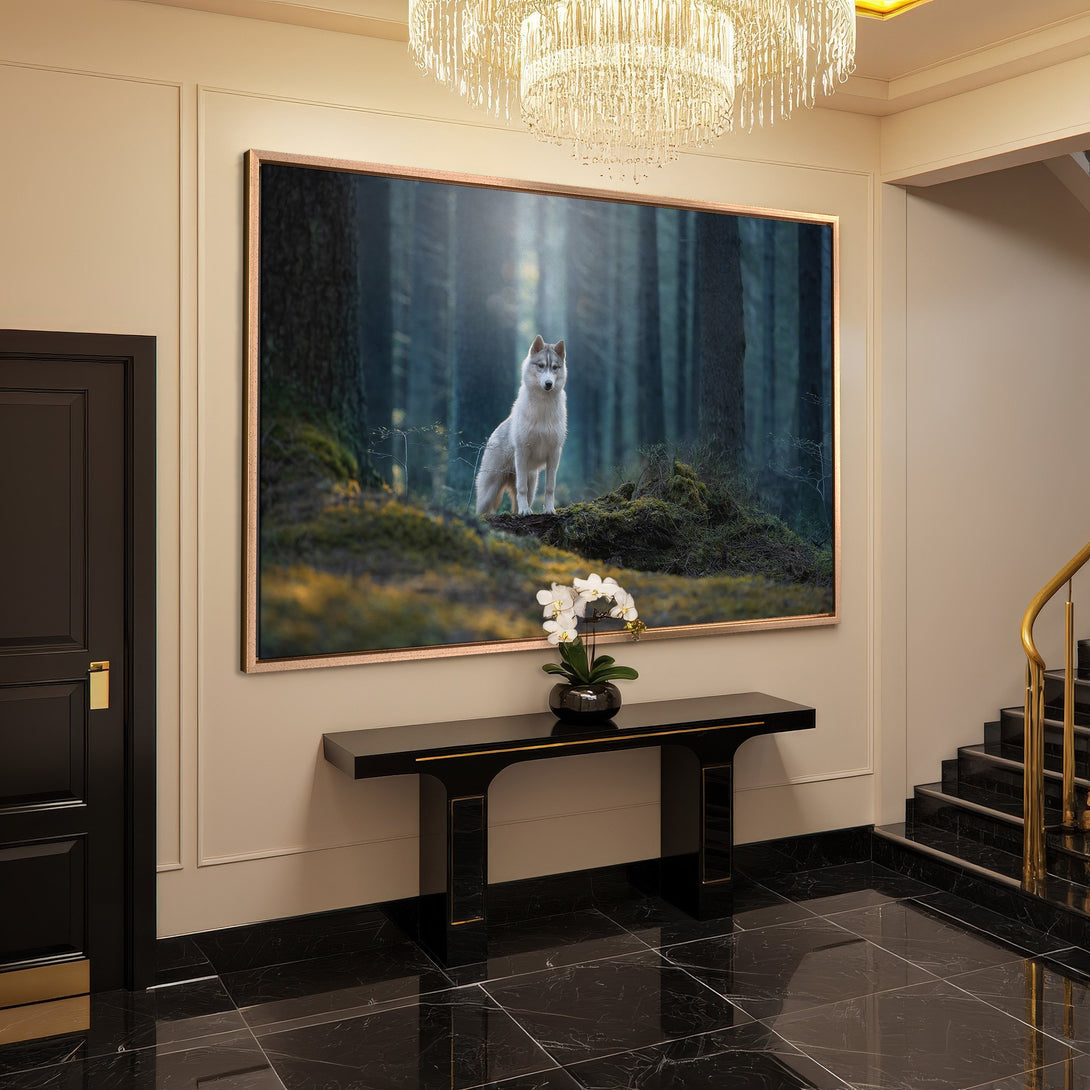 Framed Wall Art: Majestic wolf in a forest scene. Stunning Canvas Print with a cool, moody color palette. Perfect for any space!