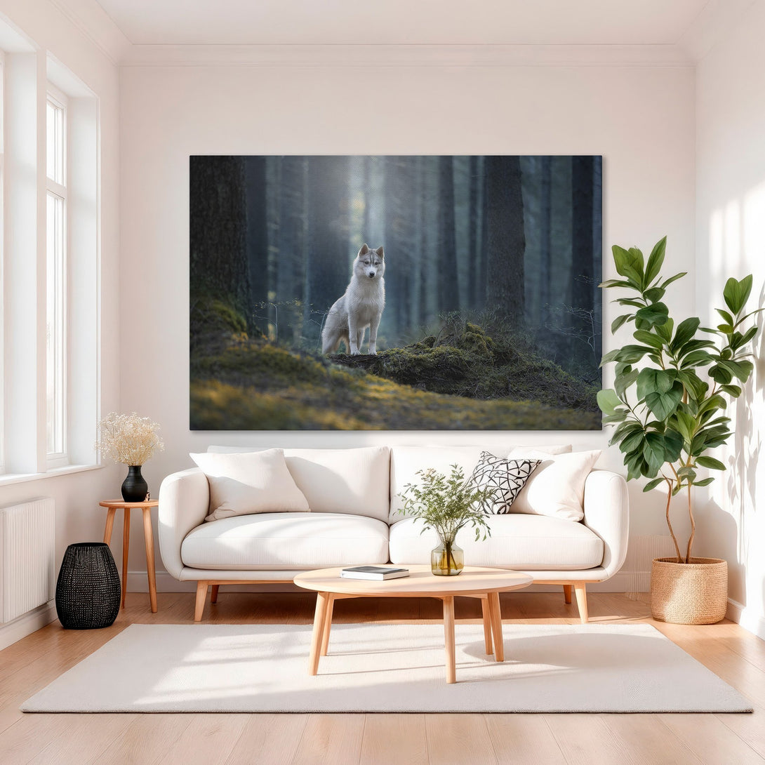 Framed Wall Art: Majestic wolf in a forest scene. Stunning Canvas Print with cool blues and greens, adding a touch of nature to your home decor.