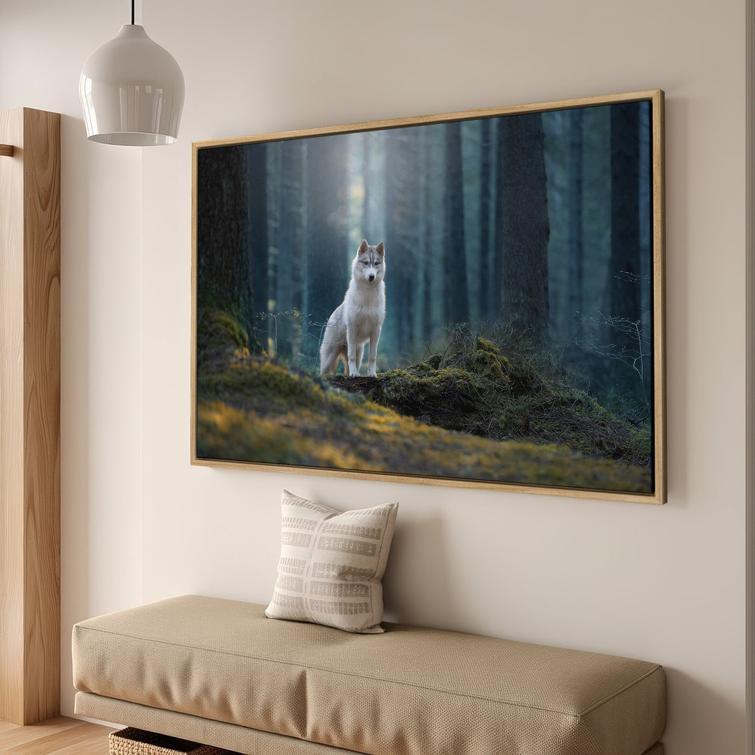 Framed Wall Art: Majestic wolf in a forest scene. Moody, natural tones. Perfect for adding a touch of wilderness to your home decor.