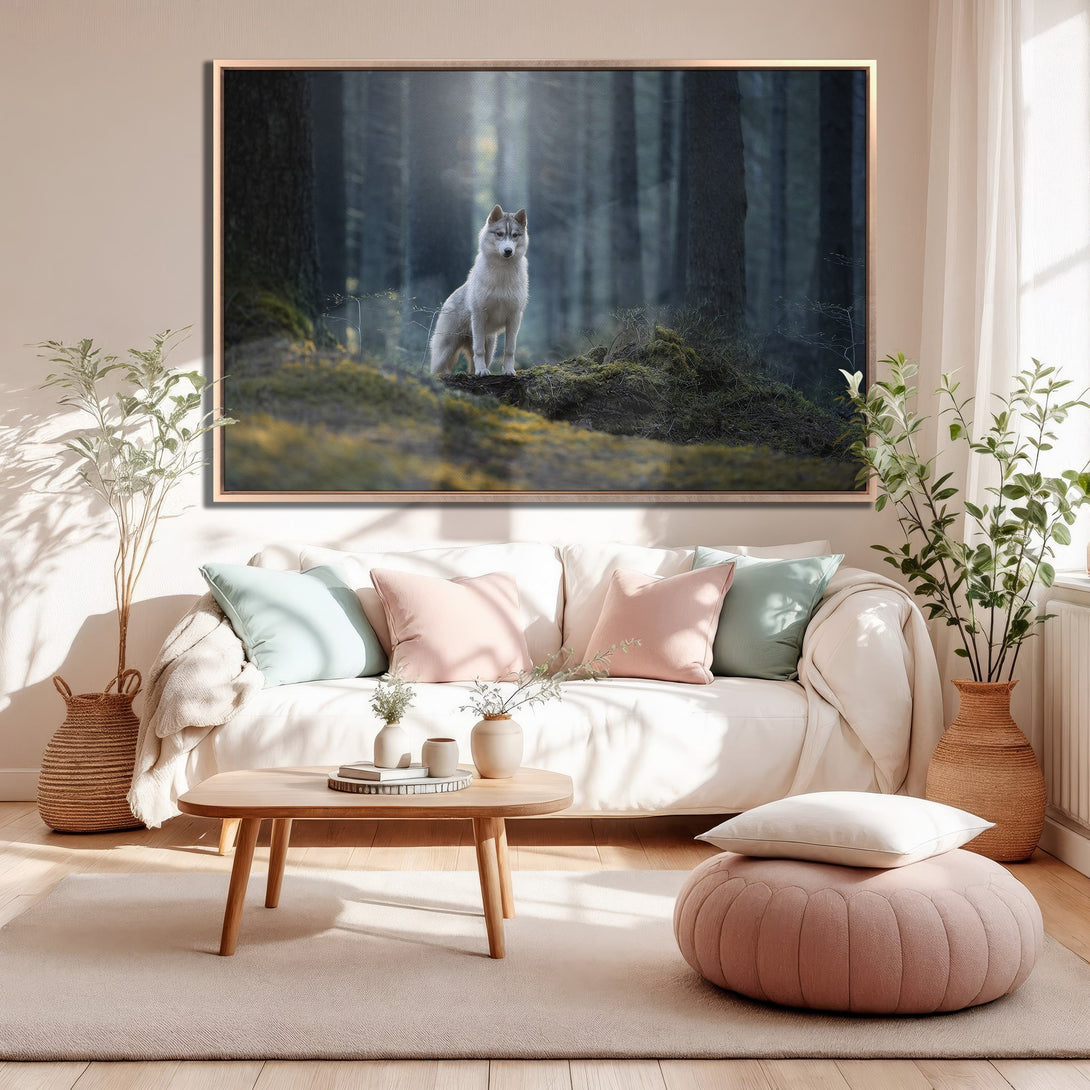 Framed Wall Art featuring a majestic wolf in a forest scene. Earthy tones and cool blues create a serene, nature-inspired aesthetic. Perfect for any living room!