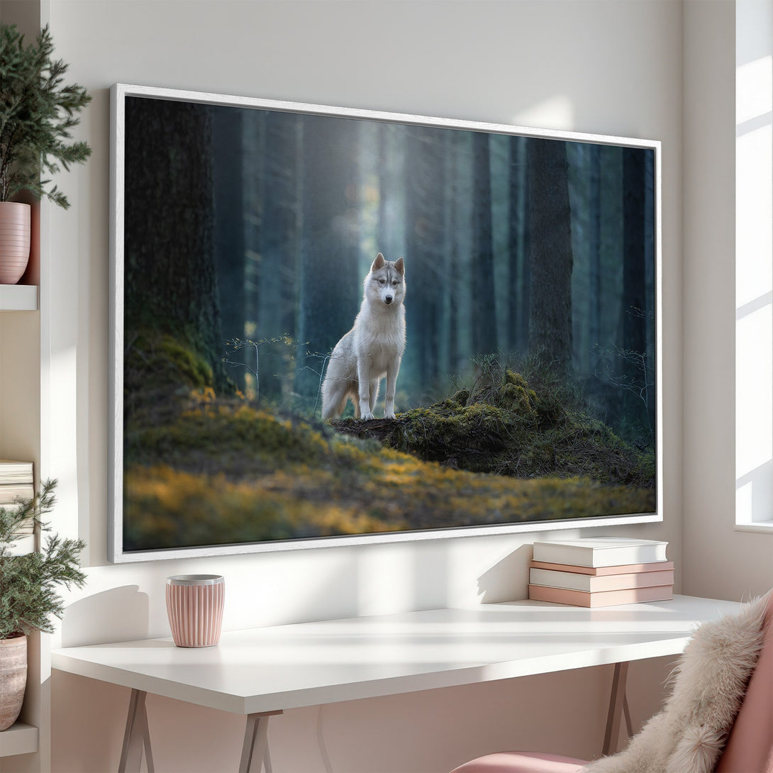 Framed Wall Art: Majestic husky in a serene forest scene. Earthy tones with a pop of light. Perfect for nature lovers!