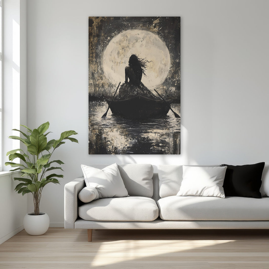 Framed Wall Art: Silhouette of woman in boat against moon, black & gold abstract style. Elegant bedroom decor with neutral color palette.
