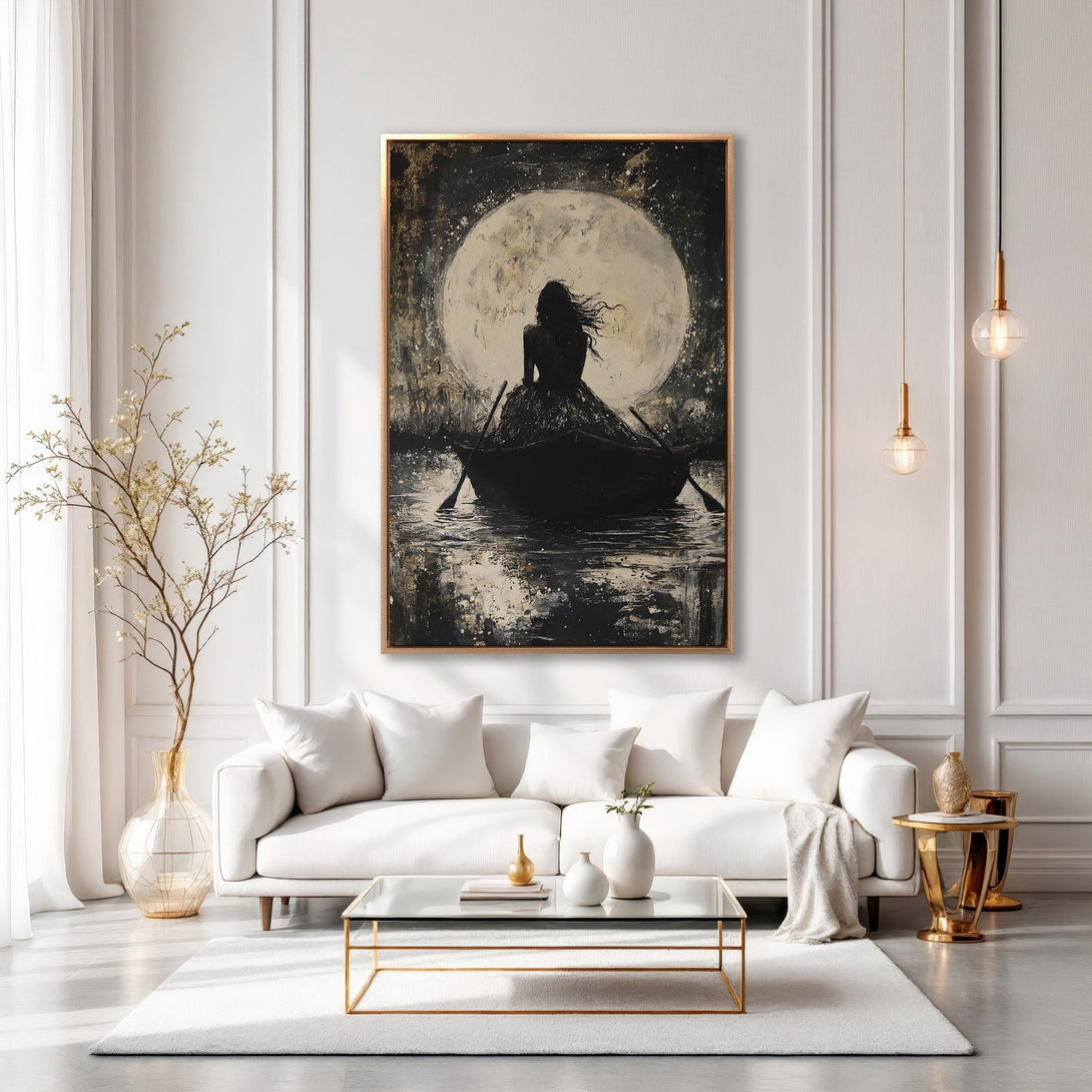 Framed Wall Art: Silhouette of woman in boat under moon, black & gold painting. Modern art for elegant home decor. Neutral color palette.