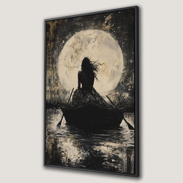 Framed Wall Art featuring a woman in a boat silhouetted against a moon. Dramatic, abstract style with a black, white, and gold color palette. Perfect wall decor!