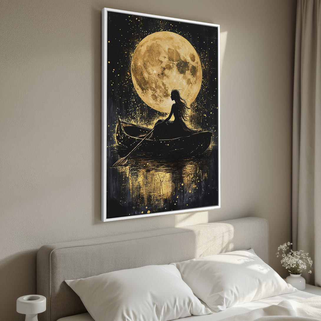 Framed Wall Art: Silhouette of woman in boat under moon, black & gold abstract painting. Perfect bedroom decor. Modern art with neutral color palette.