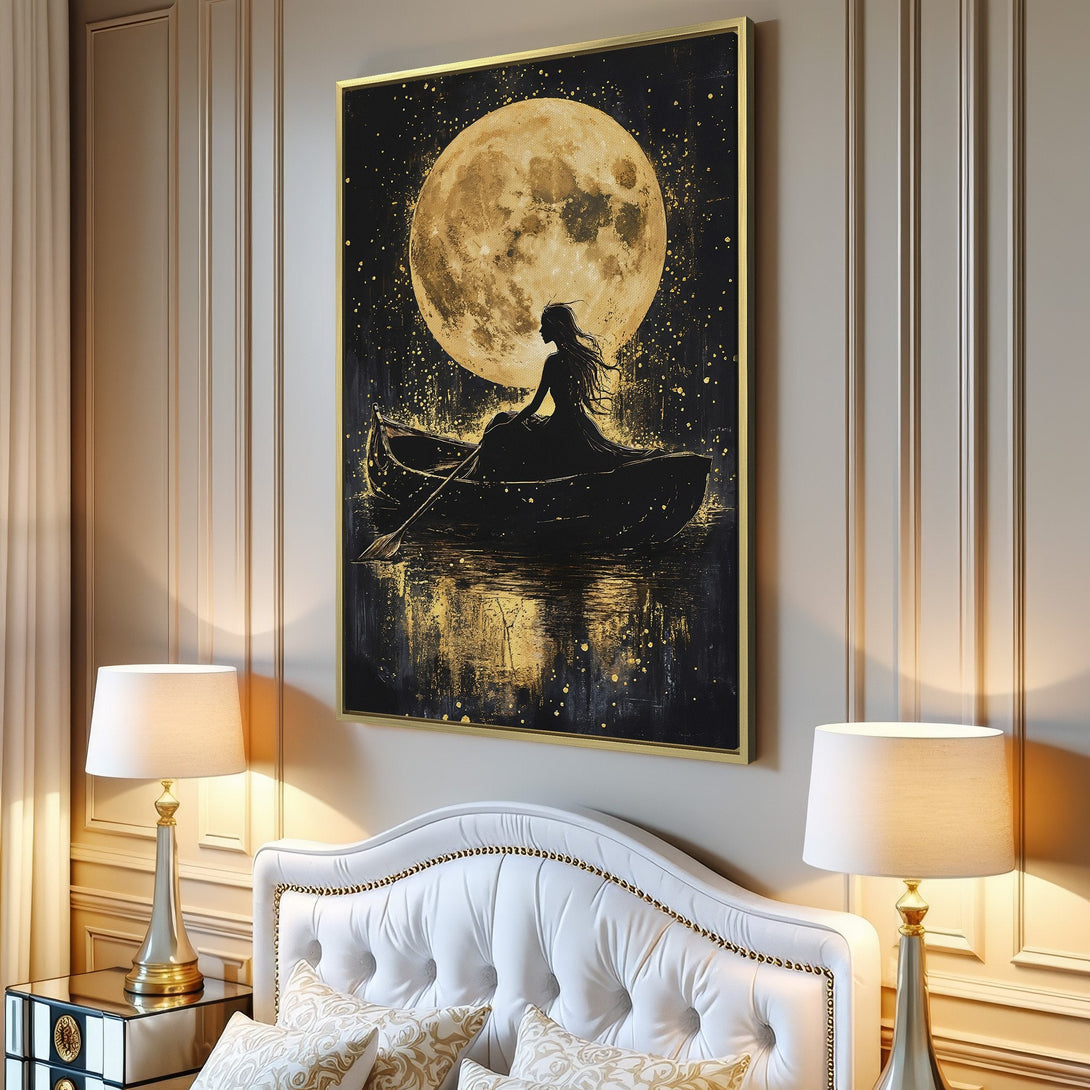 Canvas Print featuring a serene woman in a boat under a golden moon. Dramatic, artistic style with a black and gold color palette. Perfect wall decor!