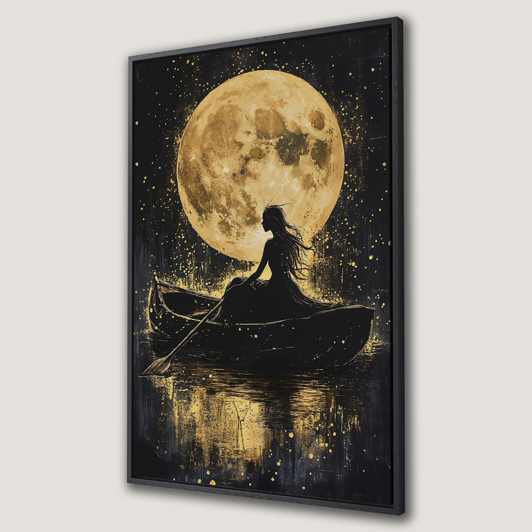 Framed Wall Art featuring a woman in a boat under a golden moon. Dramatic, silhouette style with a black and gold color palette. Perfect for modern decor.