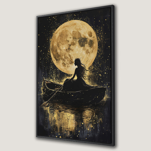 Framed Wall Art featuring a woman in a boat under a golden moon. Dramatic, silhouette style with a black and gold color palette. Perfect for modern decor.