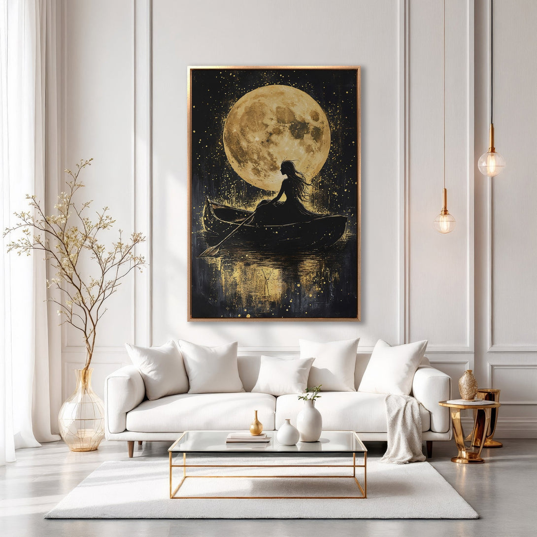 Framed Wall Art: Silhouette of woman in boat under moon. Elegant black & gold canvas print adds a touch of mystery to any room. Shop now!