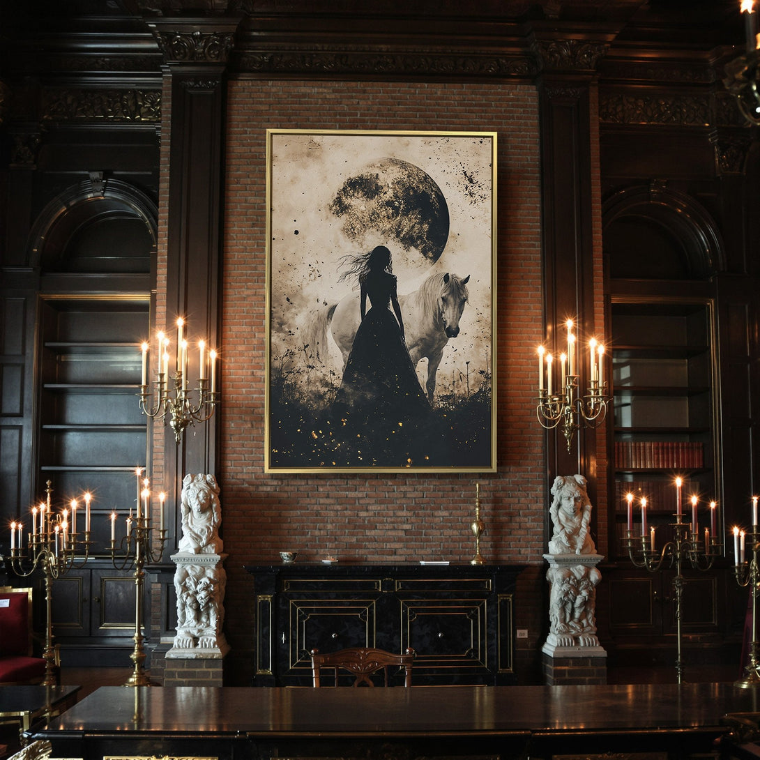 Canvas Print featuring a gothic woman and horse under a moon, in a sepia-toned, dramatic style. Perfect for Halloween decor!