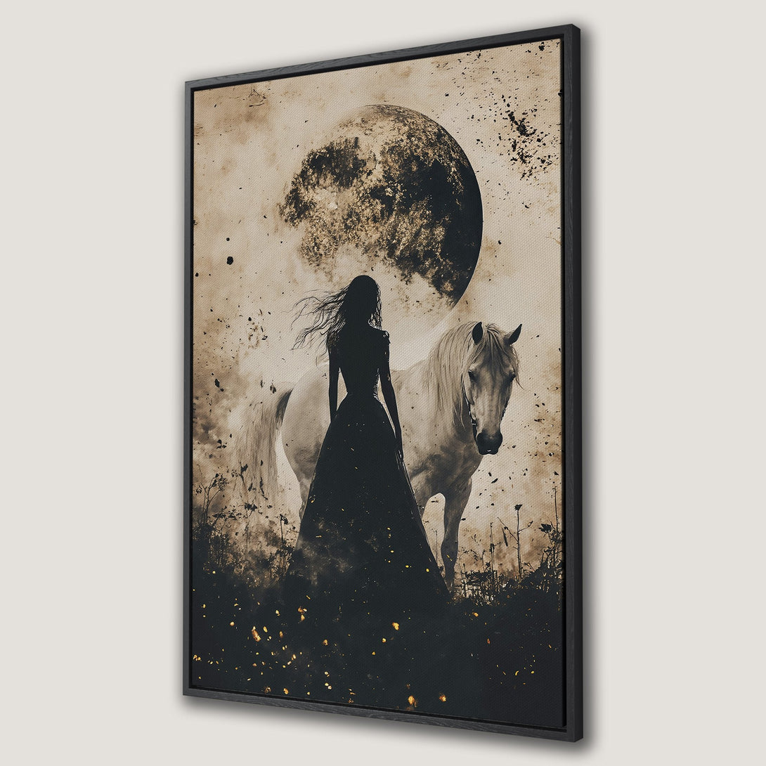 Framed Wall Art: Silhouette of woman & horse under a moon in sepia tones. Elegant, moody canvas print perfect for any room.