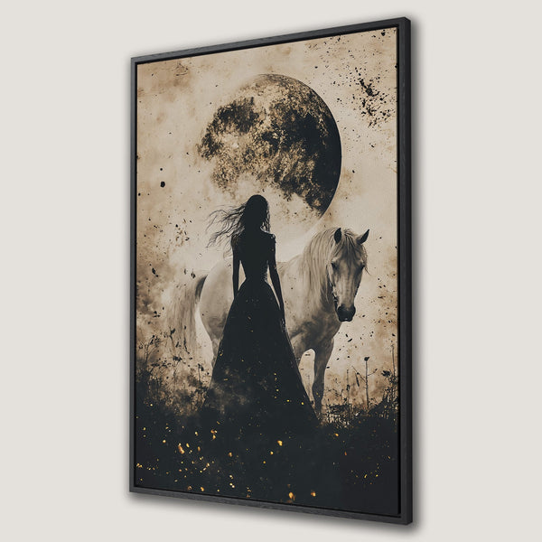 Framed Wall Art: Silhouette of woman & horse under a moon in sepia tones. Elegant, moody canvas print perfect for any room.