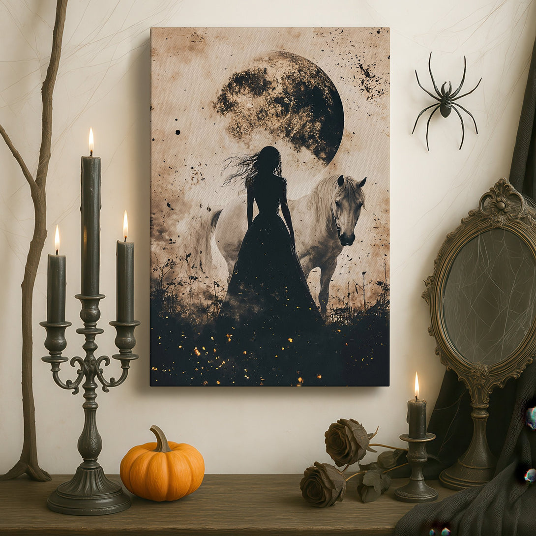 Framed Wall Art: Silhouette of woman & horse under moon. Dramatic, sepia-toned canvas print. Perfect for a gothic or vintage-inspired interior.