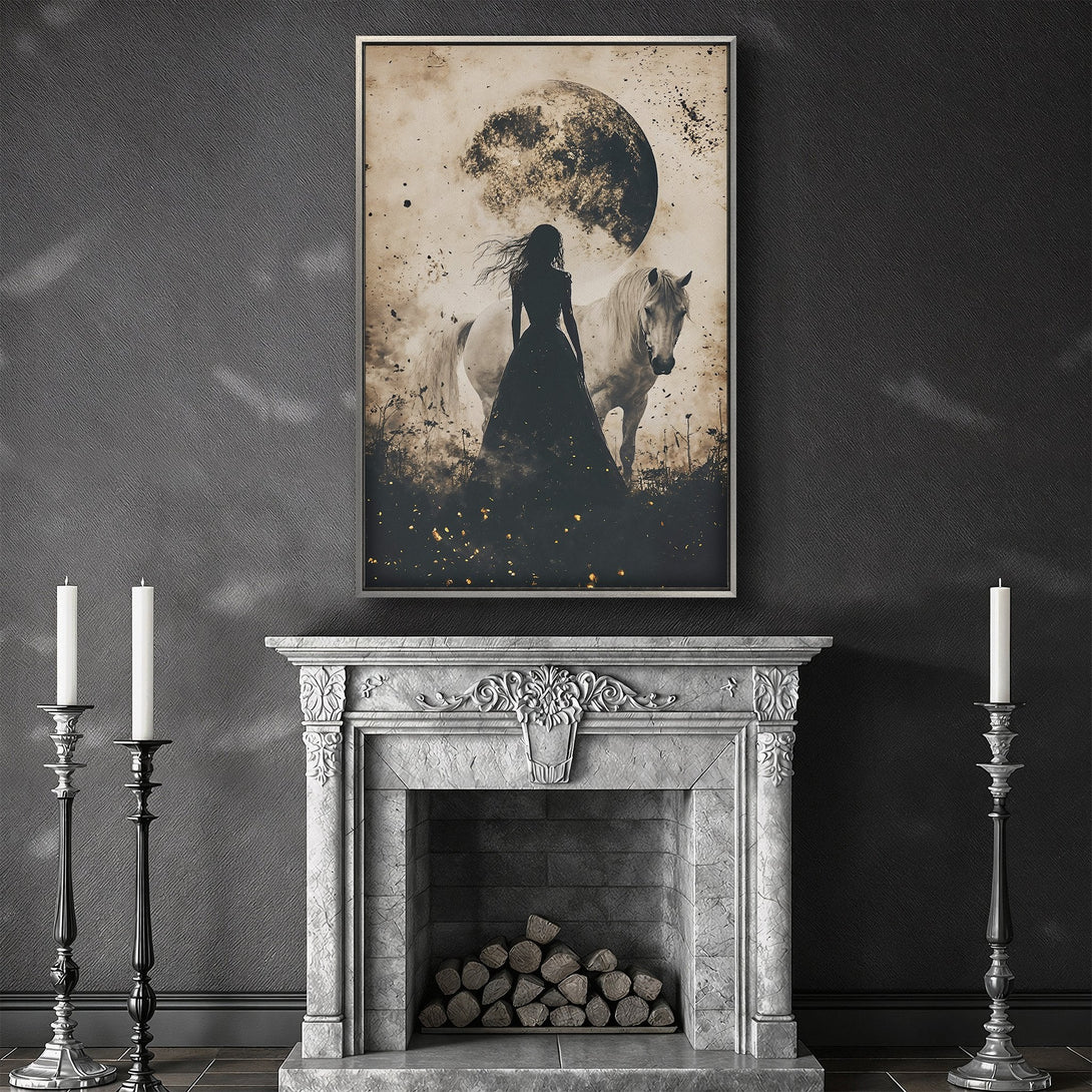 Framed Wall Art: Mystical woman & horse under a moon, vintage style, sepia tones. Perfect wall decor for a gothic, elegant interior.